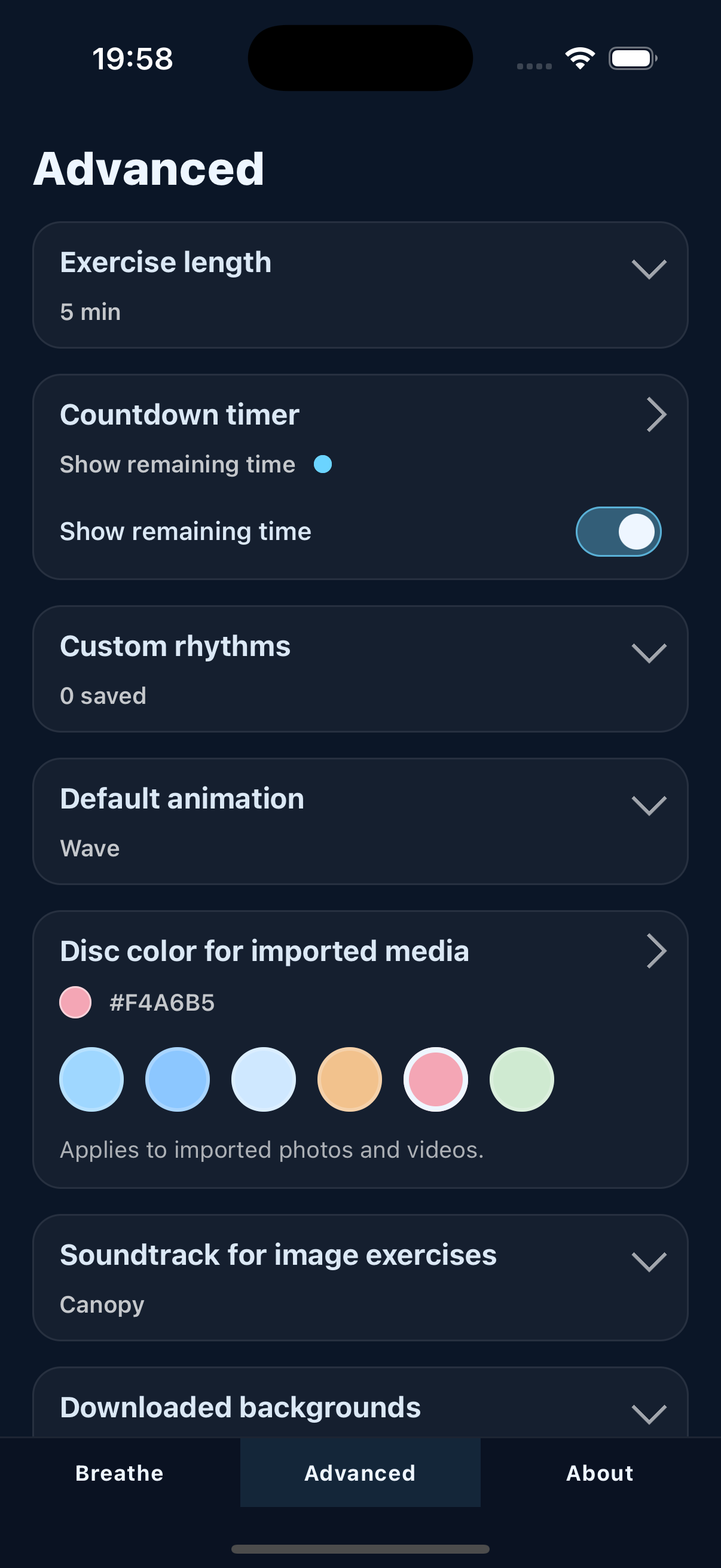 Breathing configuration screen