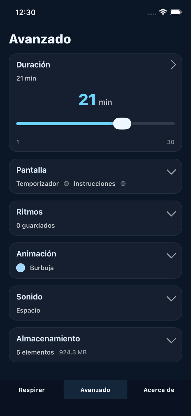 Pantalla de opciones avanzadas