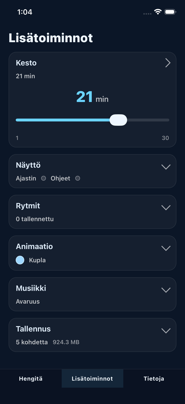 Lisäasetusten näyttö