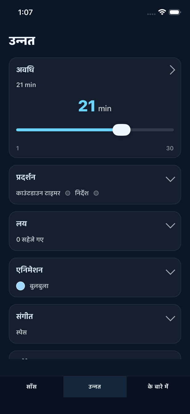 उन्नत विकल्प स्क्रीन