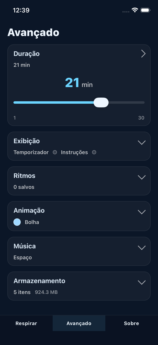 Tela de opções avançadas